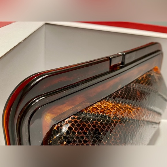 Vintage Marigolin New York Brown Leather Clutch w/ Tortoise Shell Clasp - Picture 7 of 13